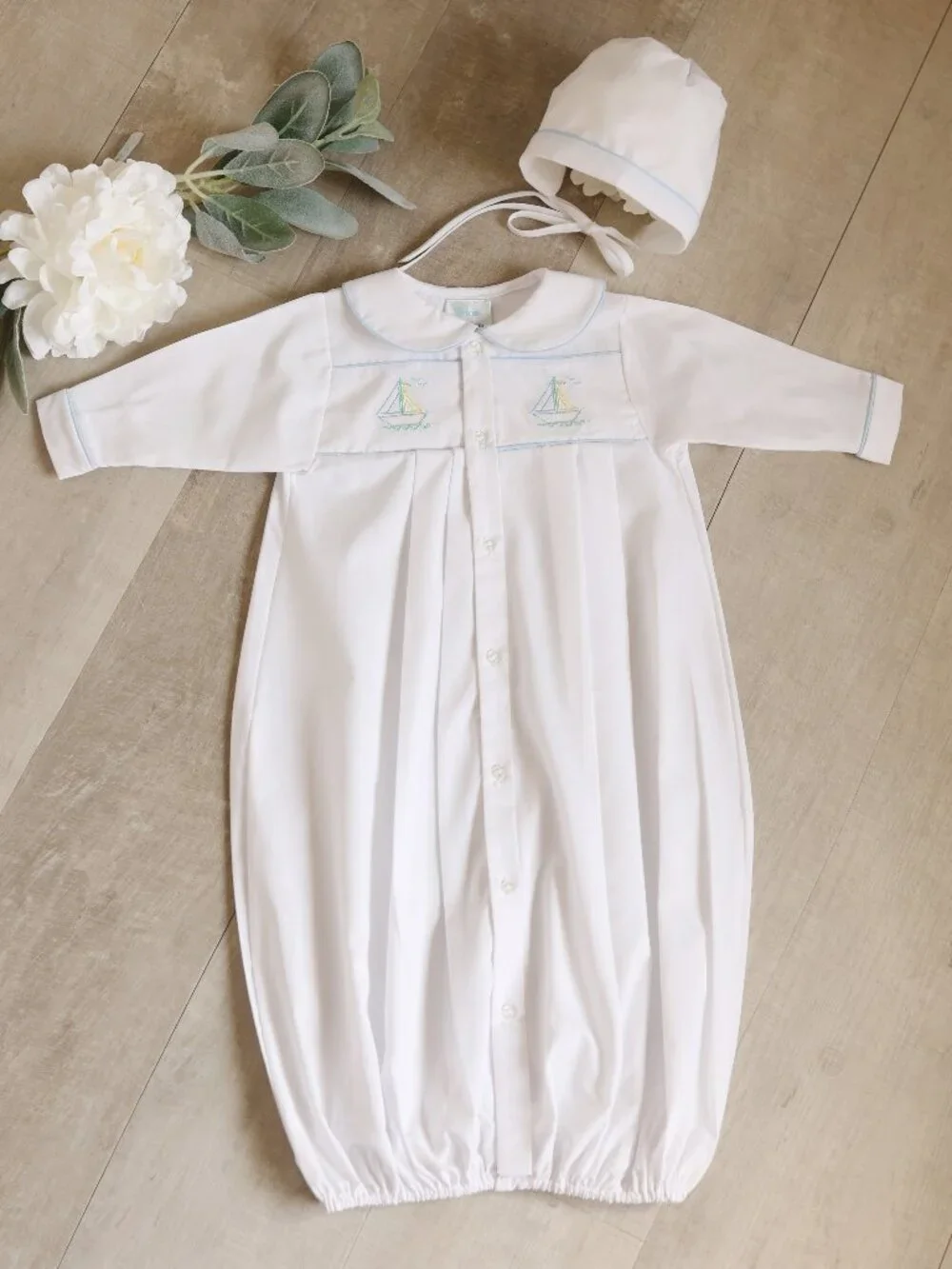 Newborn White and Blue Coming Home Take Me Home Gown and Bonnet Set Sailboat NWT